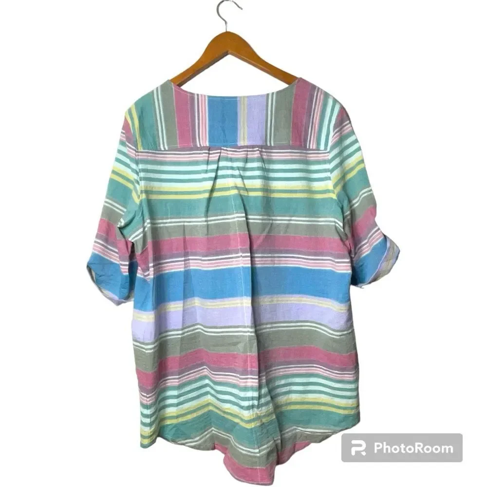Westbound Colorful Rainbow Striped Cotton Blouse Top V Neck Size XL